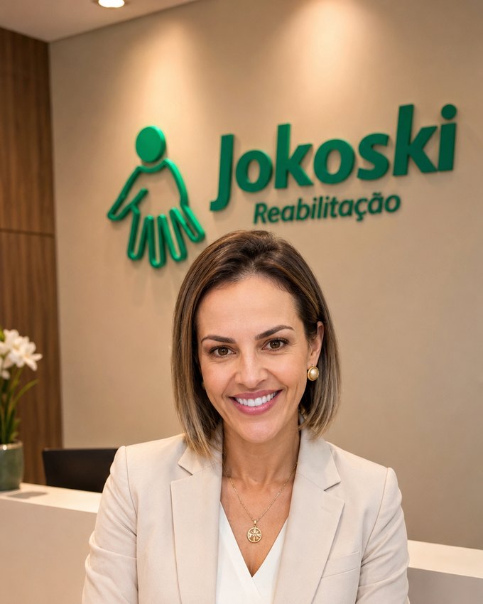 Luciene Jokoski, Terapeuta Ocupacional, na recepção do Centro Especializado Jokoski Reabilitação — Xaxim, SC